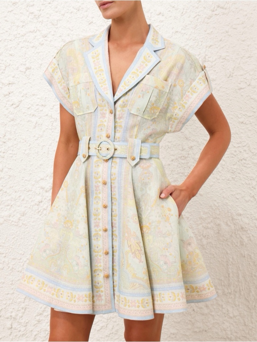 Zimmermann Pastel Paisley Belted Shirt Dress - Light Blue & Cream (NO BELT)